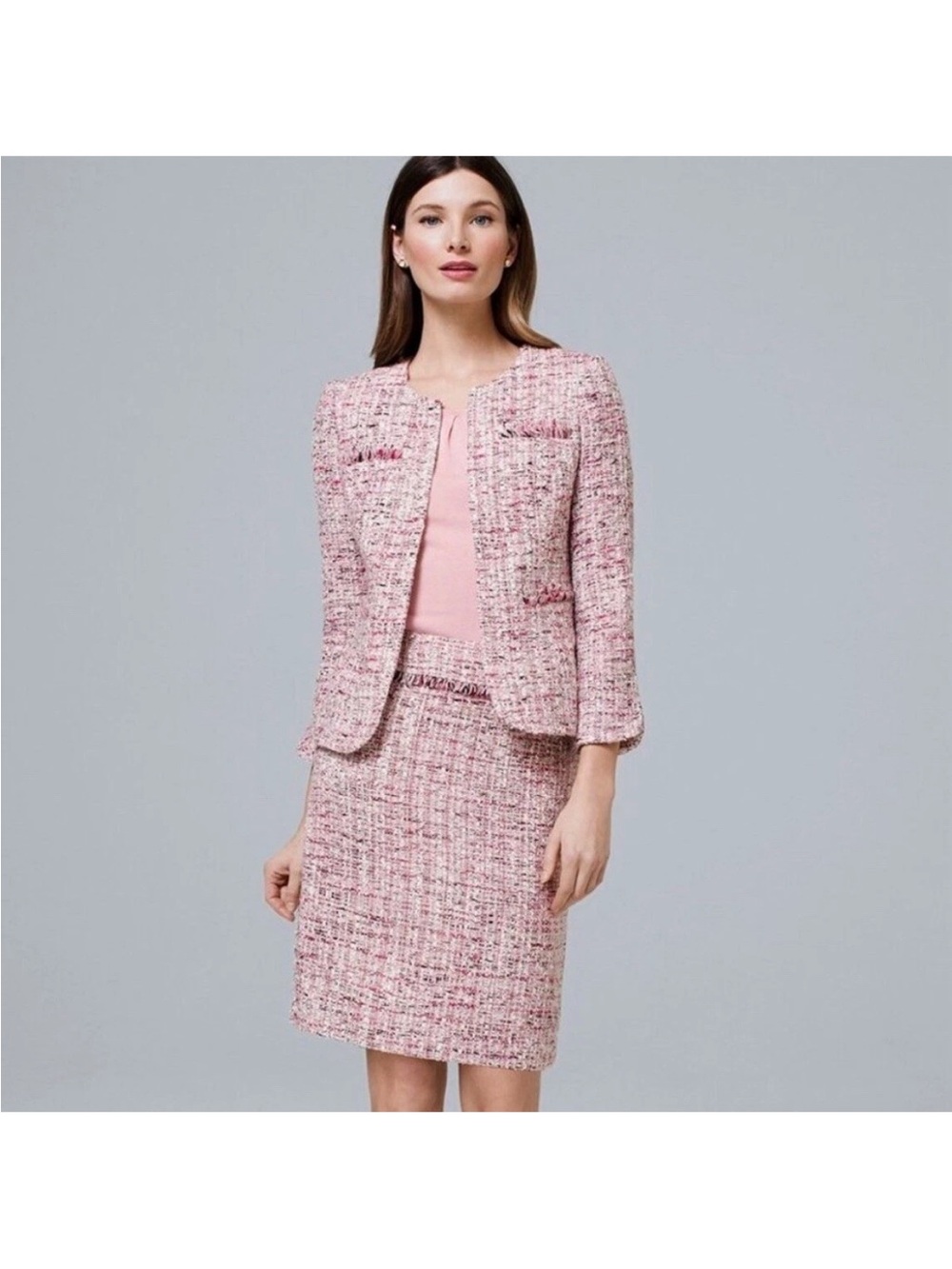 White House Black Market Pink Tweed Pencil Skirt Set